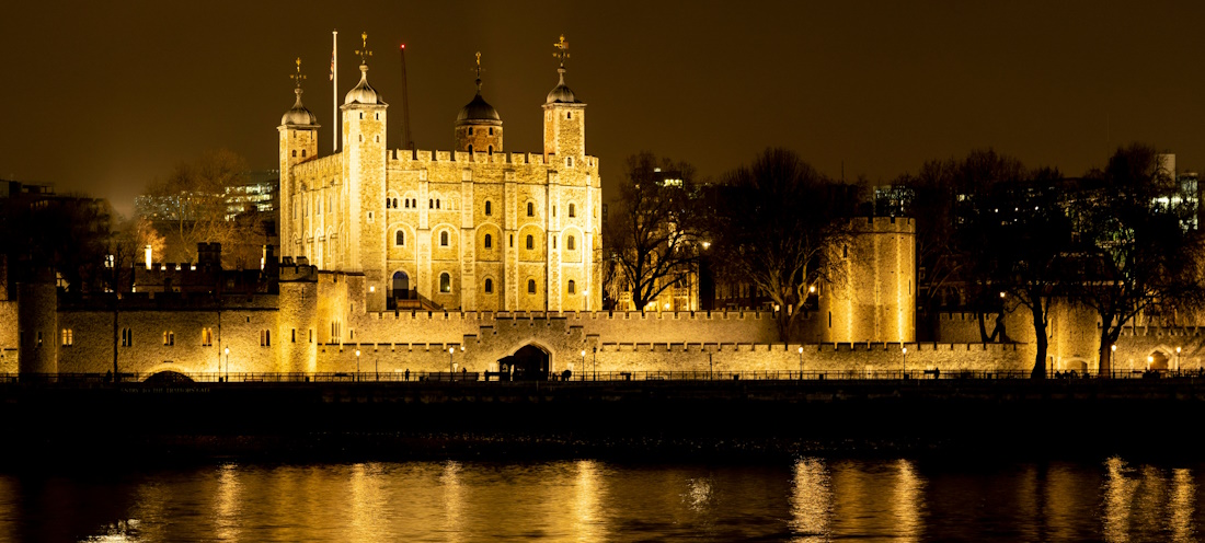The Tower of London at night, illuminated